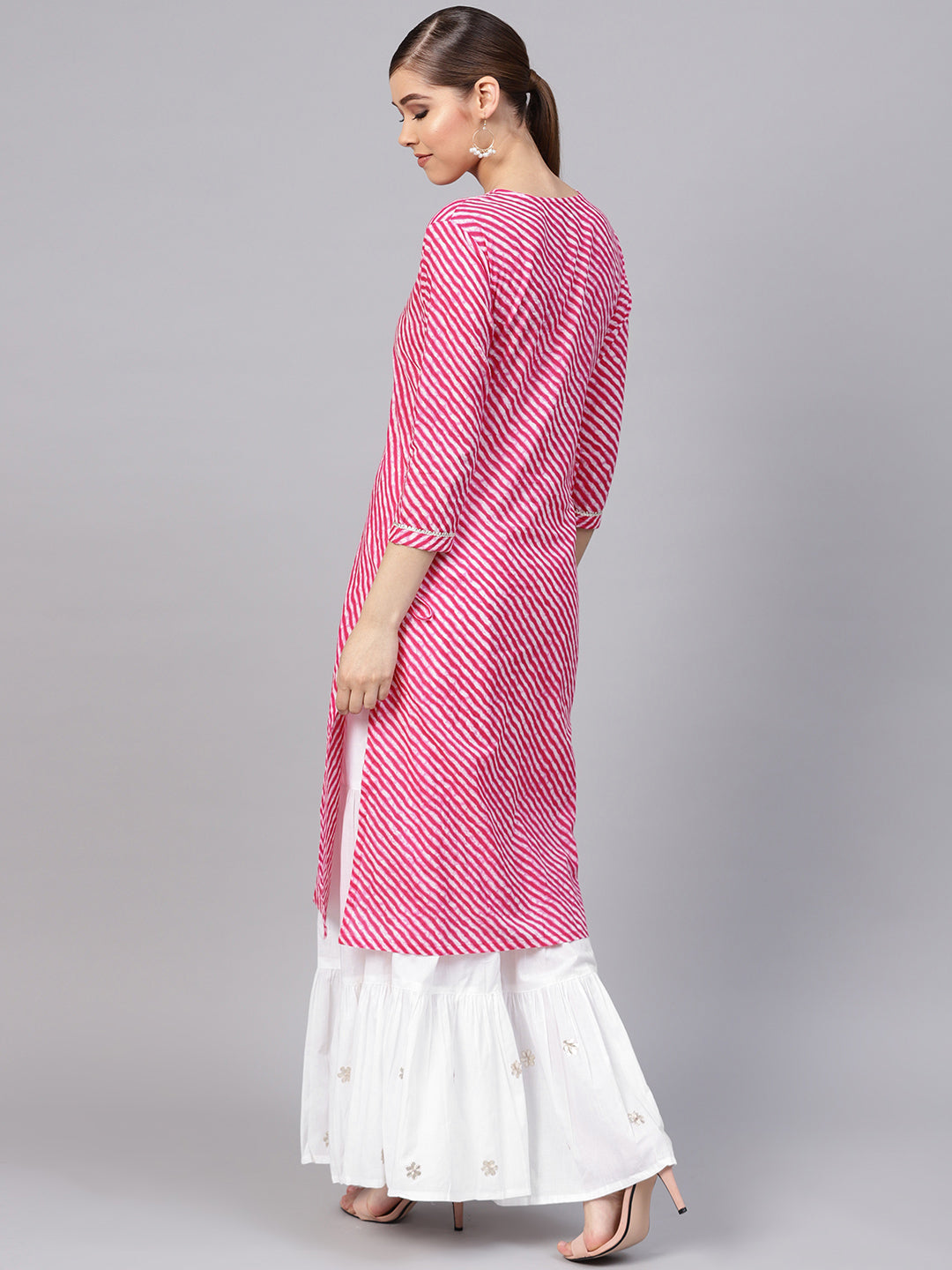 Ishin Women's Cotton Pink & White Printed With Gota Patti A-Line Kurta Sharara Set