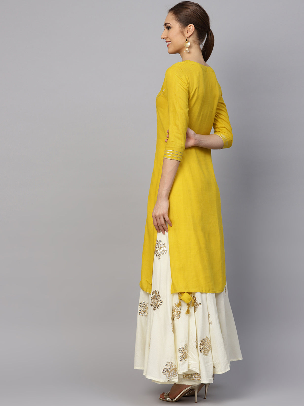 Ishin Women's Rayon Yellow & Off White Solid A-Line Kurta With Embellished Skirt