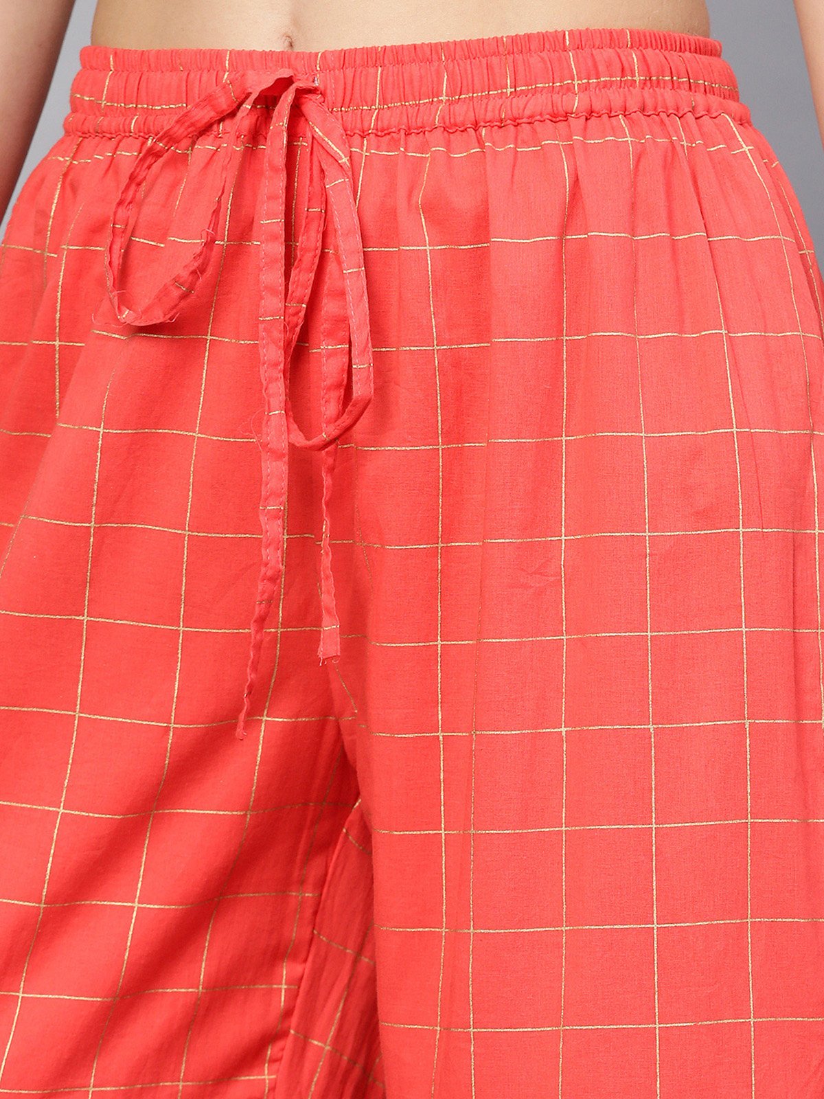 Ishin Women's Cotton Red Printed Gota Patti Work A-Line Kurta Palazzo Set
