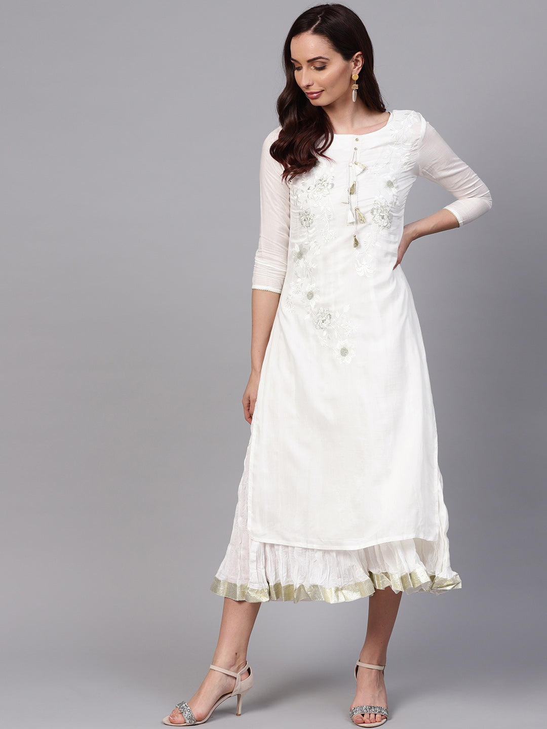 Ishin Women's Cotton White Embroidered Anarkali Dress