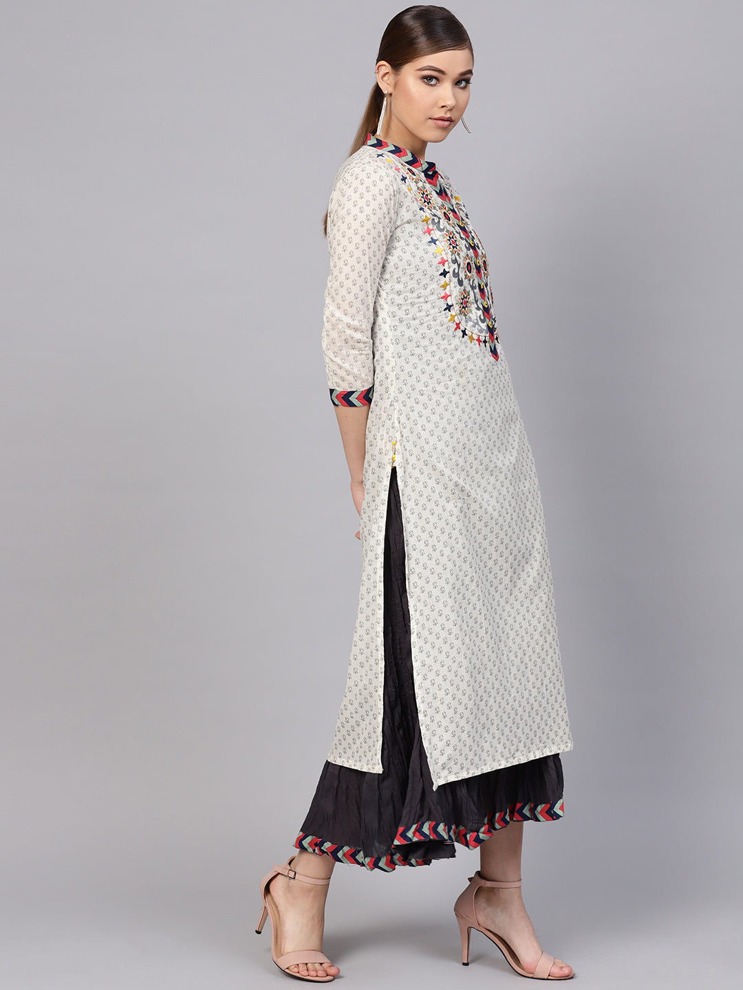 Ishin Women's Cotton White & Grey Embroidered Anarkali Dress