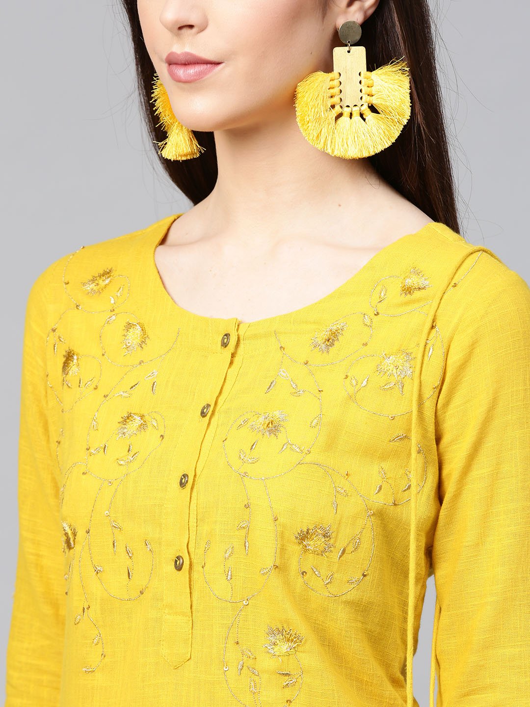 Ishin Women's Cotton Mustard Yellow Embroidered A-Line Kurta