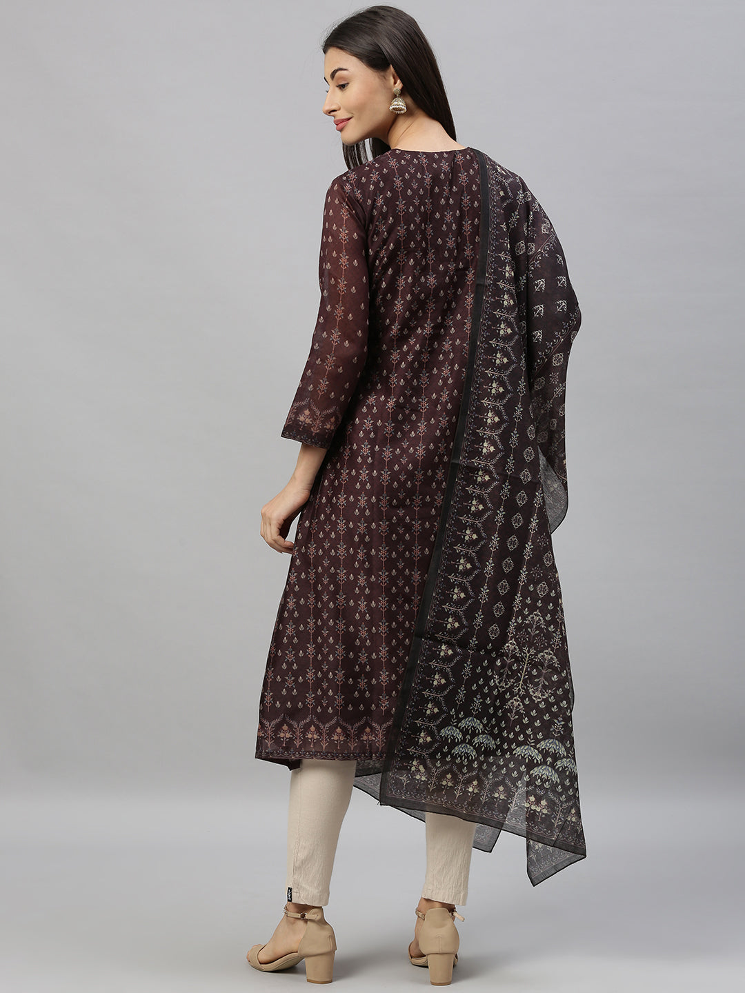 Ishin Women's Brown Embellished A-Line Kurta With Dupatta