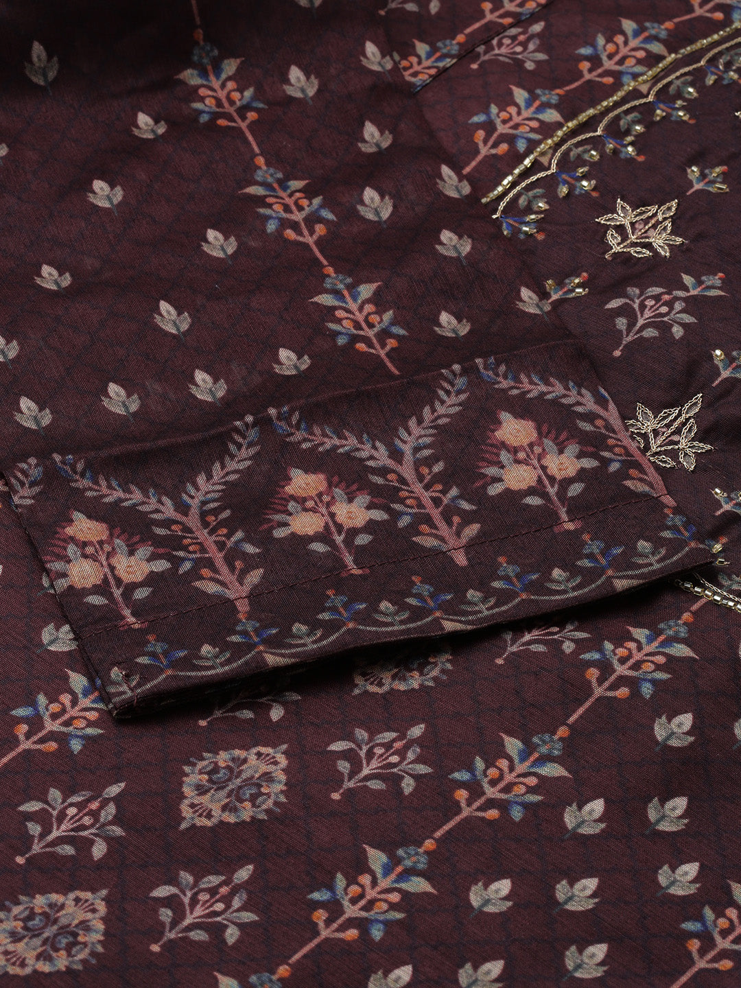 Ishin Women's Brown Embellished A-Line Kurta With Dupatta