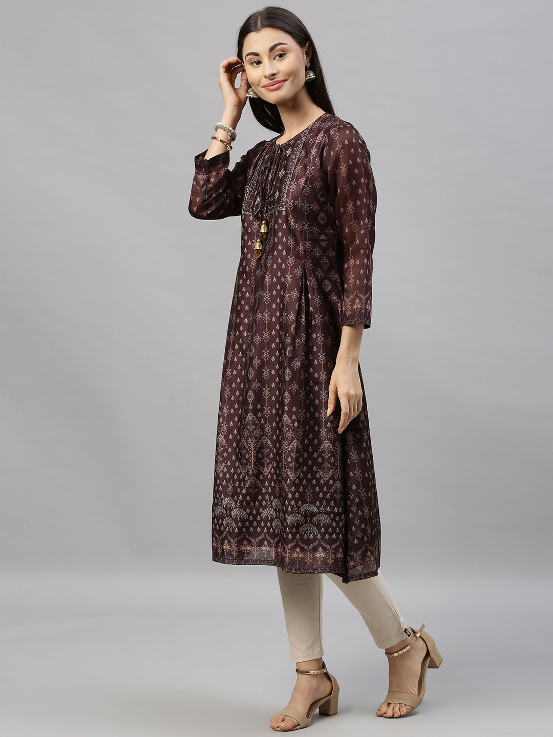 Ishin Women's Brown Embellished A-Line Kurta With Dupatta