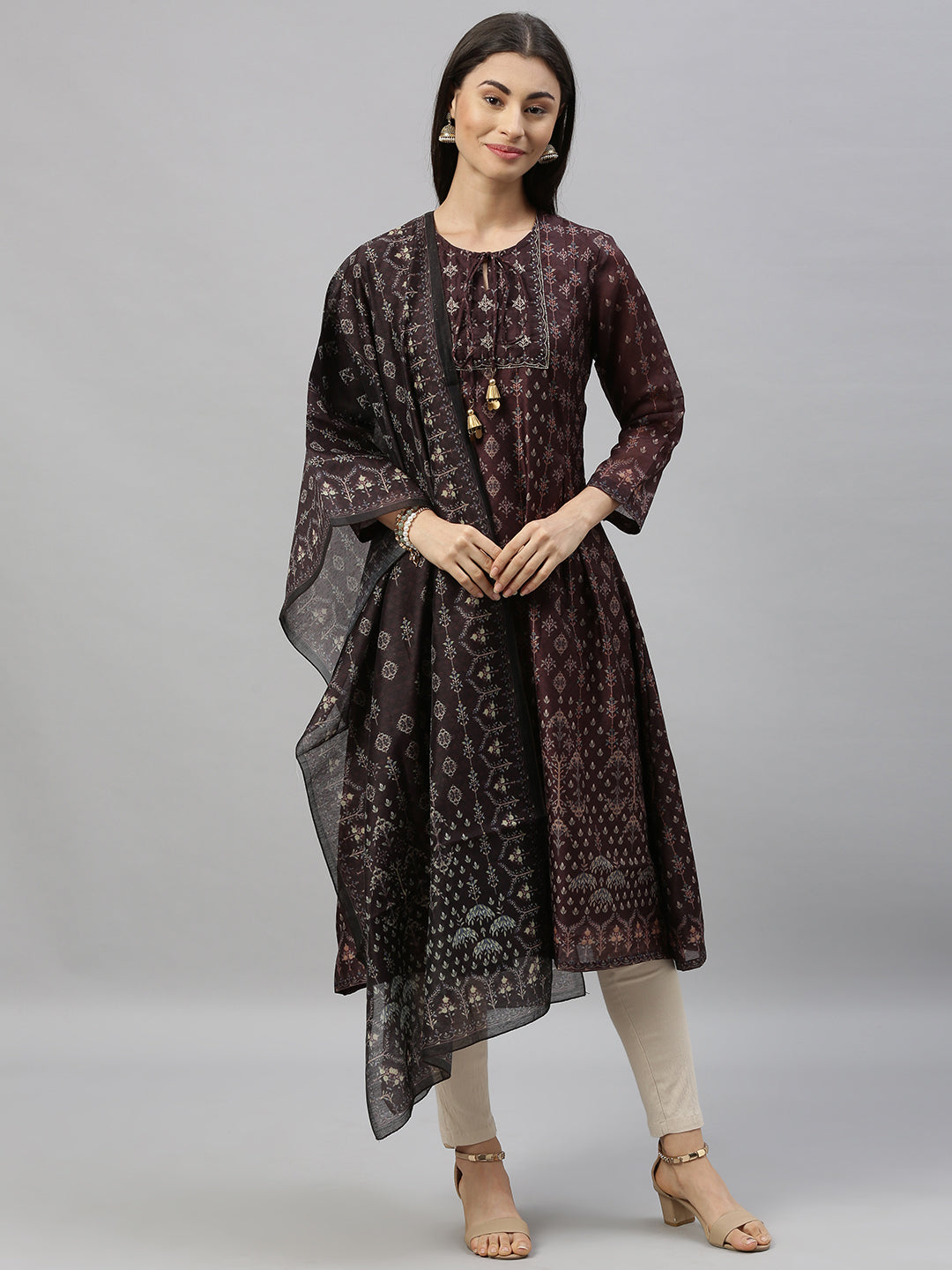 Ishin Women's Brown Embellished A-Line Kurta With Dupatta
