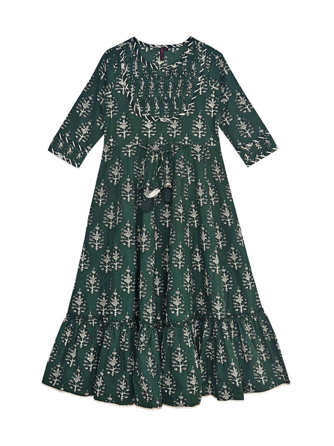Ishin Girls Green Block Printed Tiered Dress