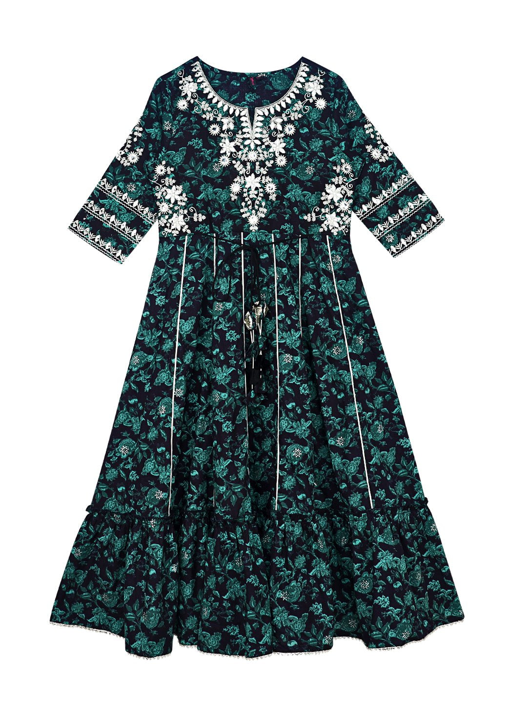 Ishin Girls Green Embroidered Tiered Dress