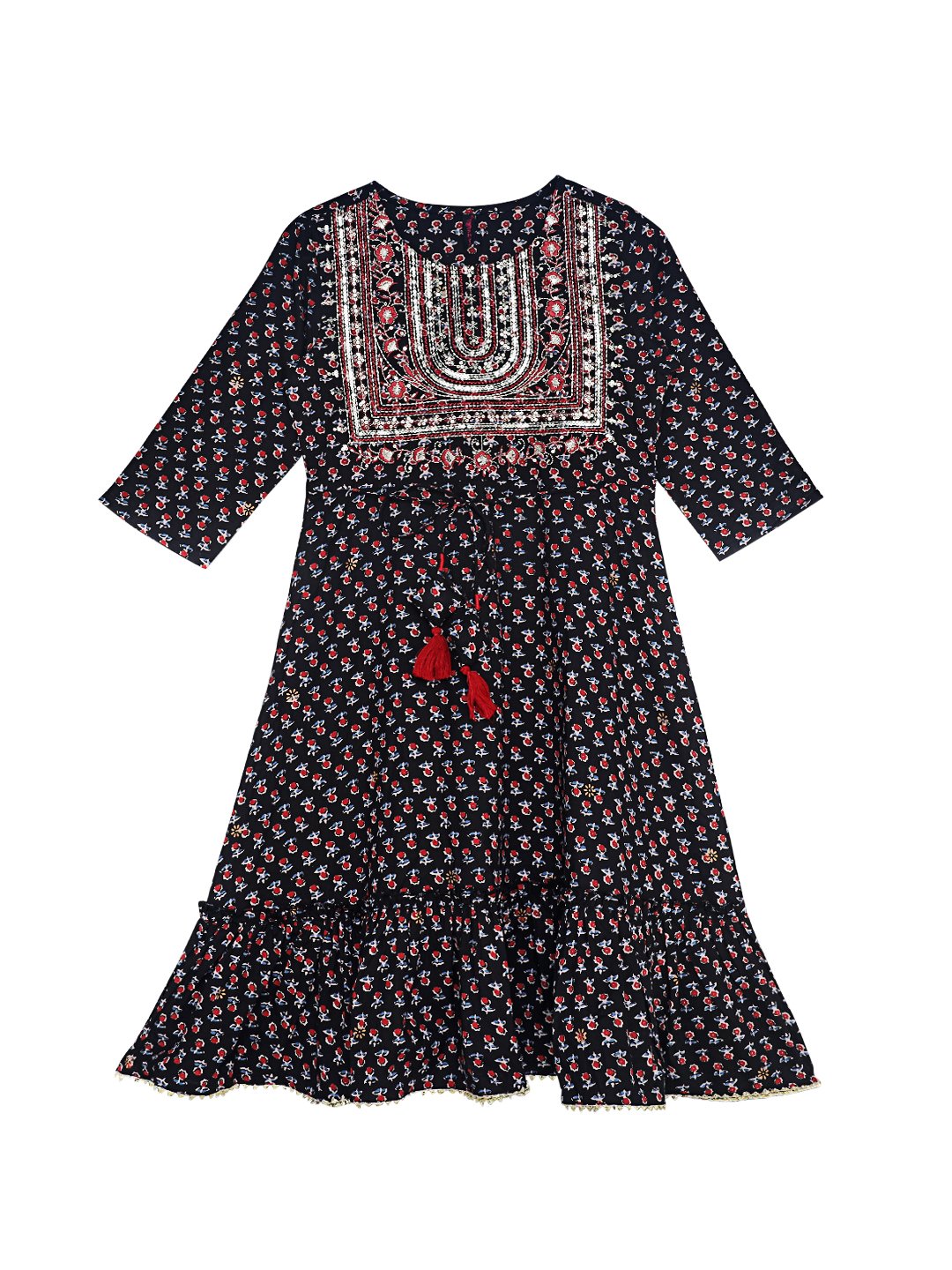 Ishin Girls Black Embroidered Tiered Dress