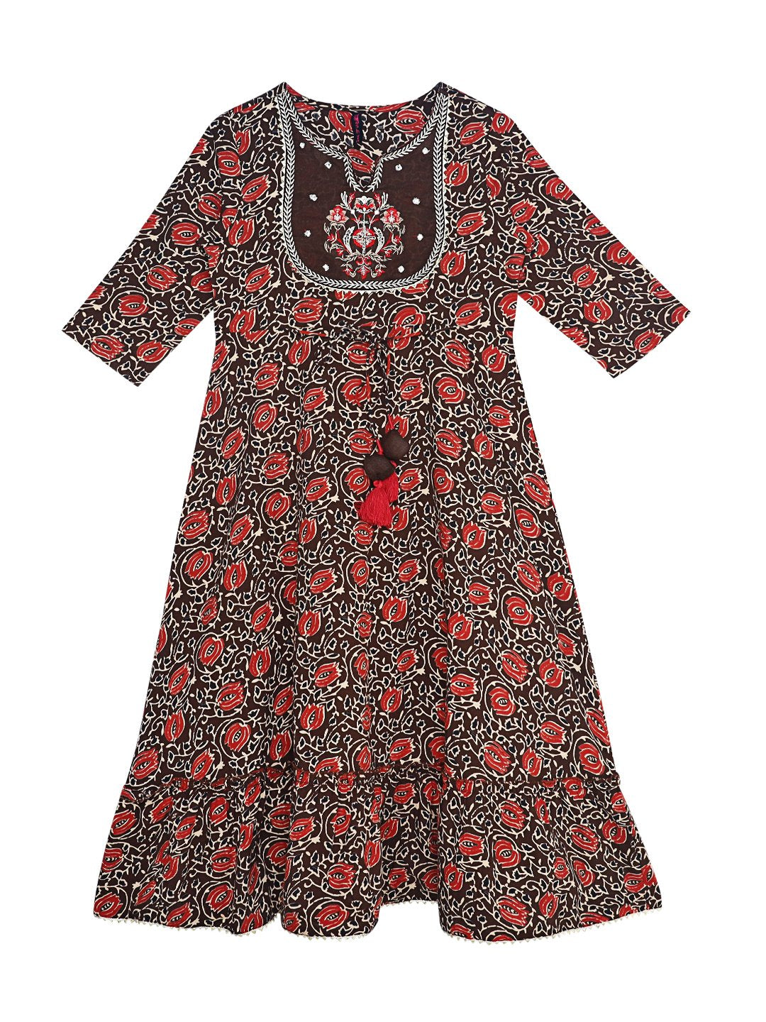 Ishin Girls Brown Floral Embroidered Tiered Dress