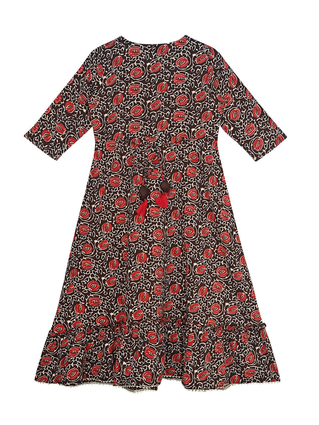 Ishin Girls Brown Floral Embroidered Tiered Dress