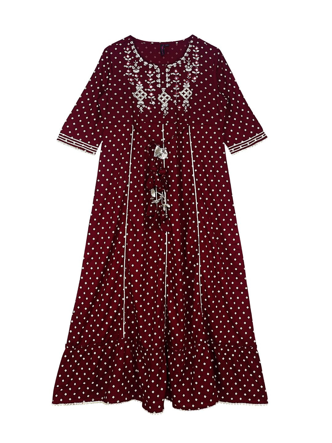 Ishin Girls Maroon Embroidered Fit & Flare Dress