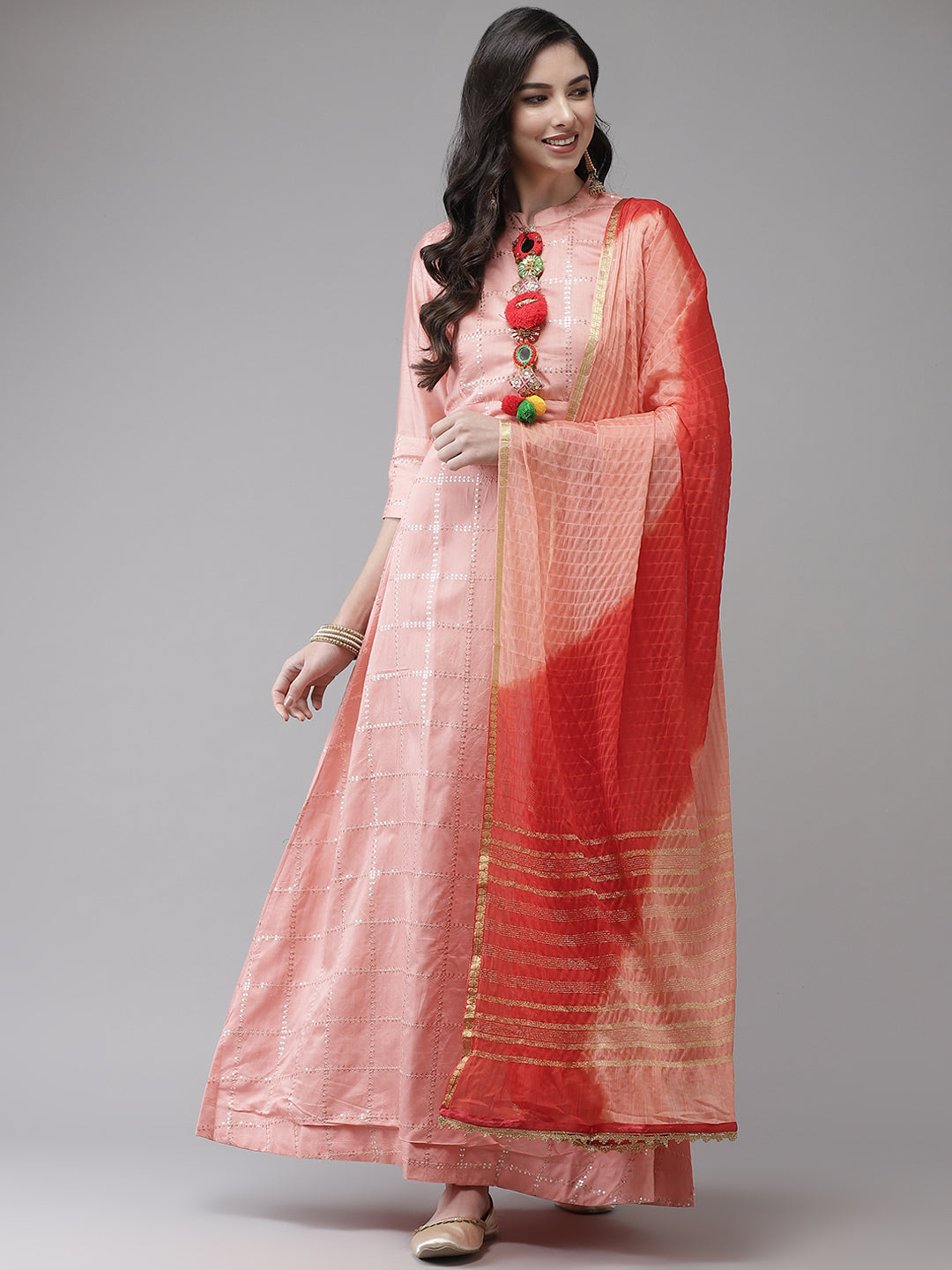 Ishin Women's Chanderi Silk Pink Embellished A-Line Kurta With Dupatta