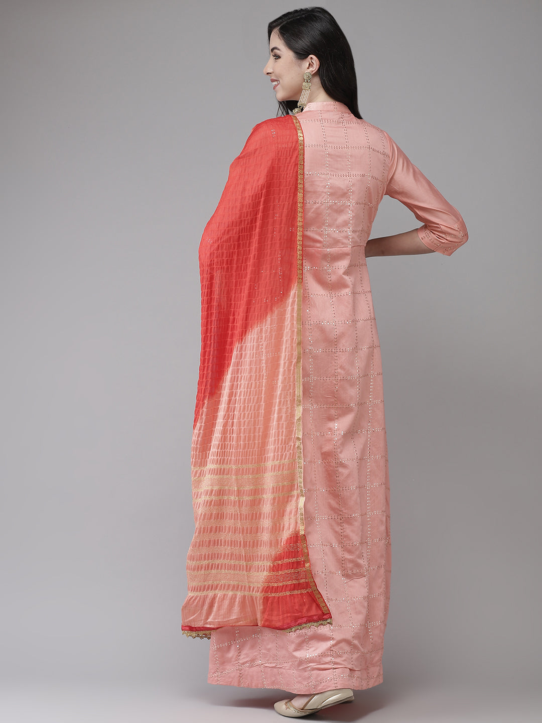 Ishin Women's Chanderi Silk Pink Embellished A-Line Kurta With Dupatta