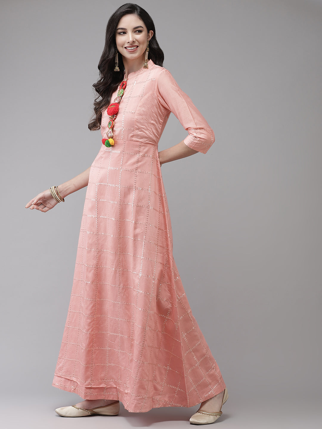 Ishin Women's Chanderi Silk Pink Embellished A-Line Kurta With Dupatta