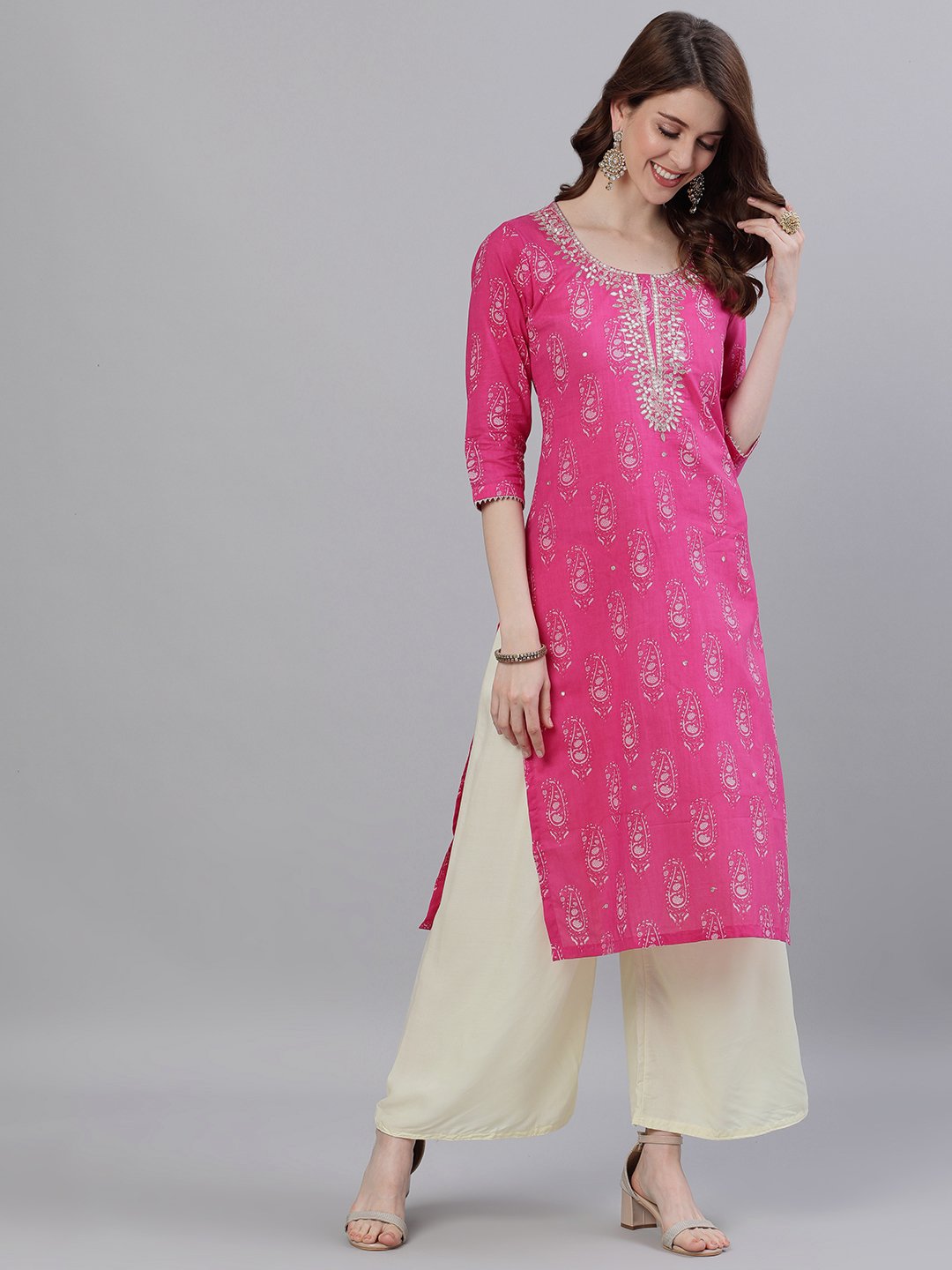 Ishin Women's Cotton Pink Gota Patti Embellished A-Line Kurta