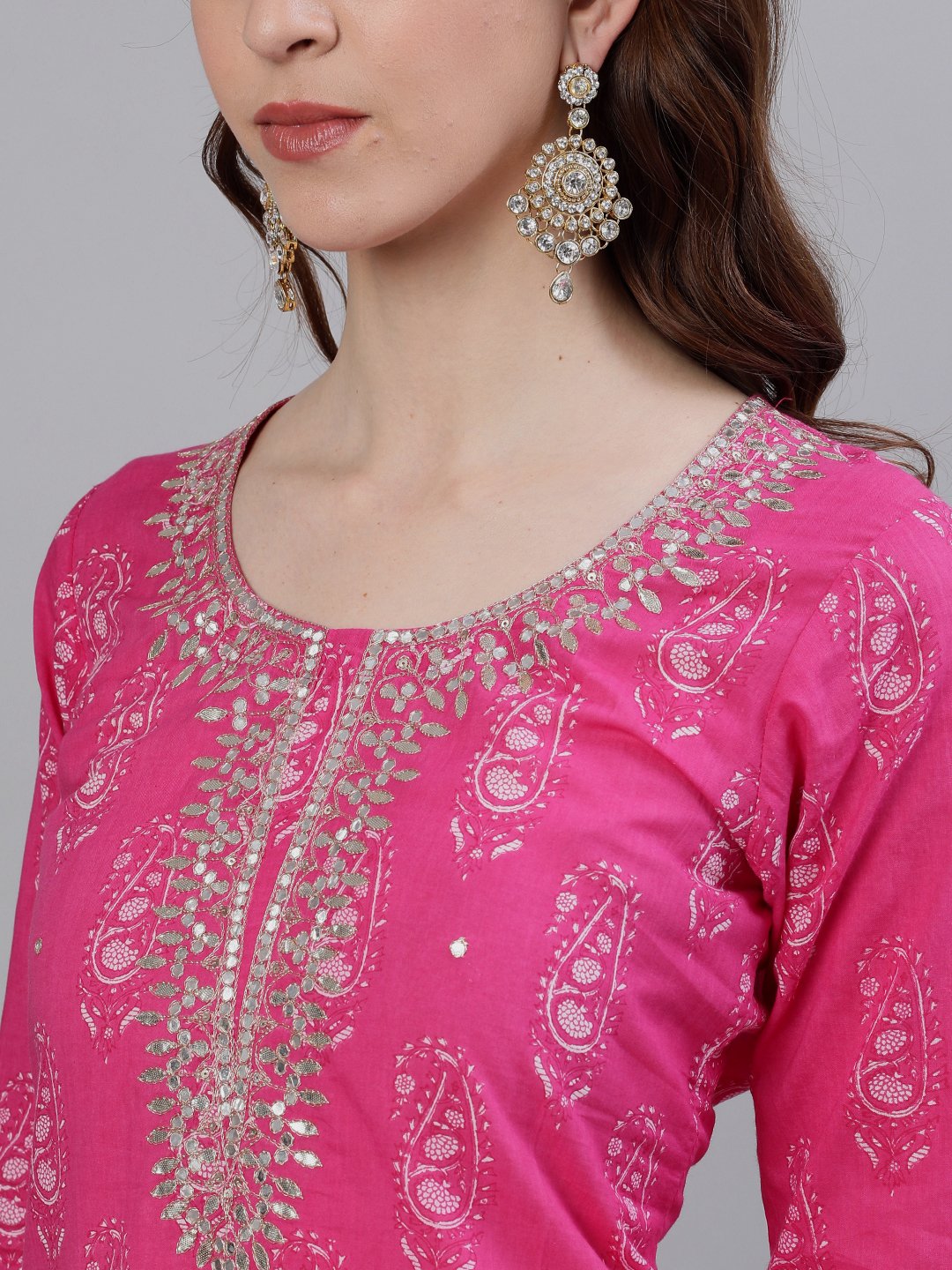 Ishin Women's Cotton Pink Gota Patti Embellished A-Line Kurta