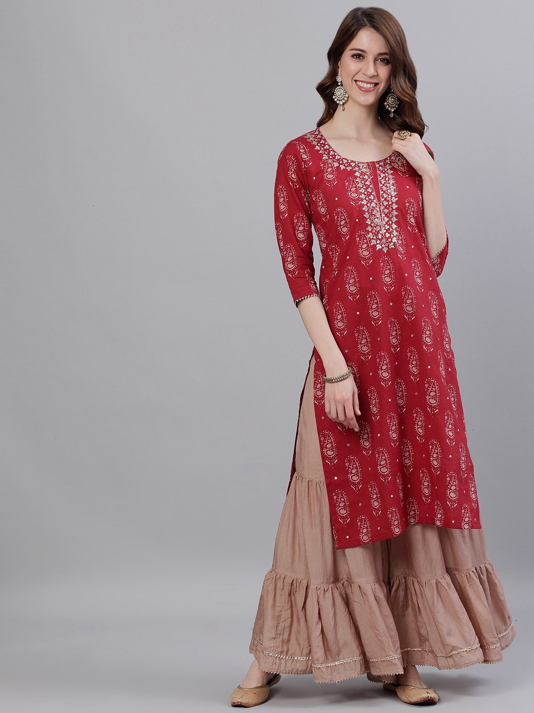 Ishin Women's Cotton Red Gota Patti Embellished A-Line Kurta