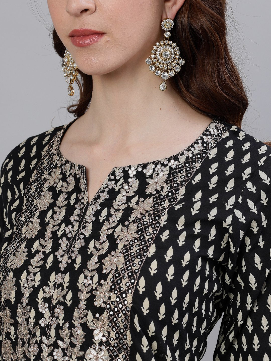 Ishin Women's Cotton Black & Off White Gota Patti Embellished A-Line Kurta