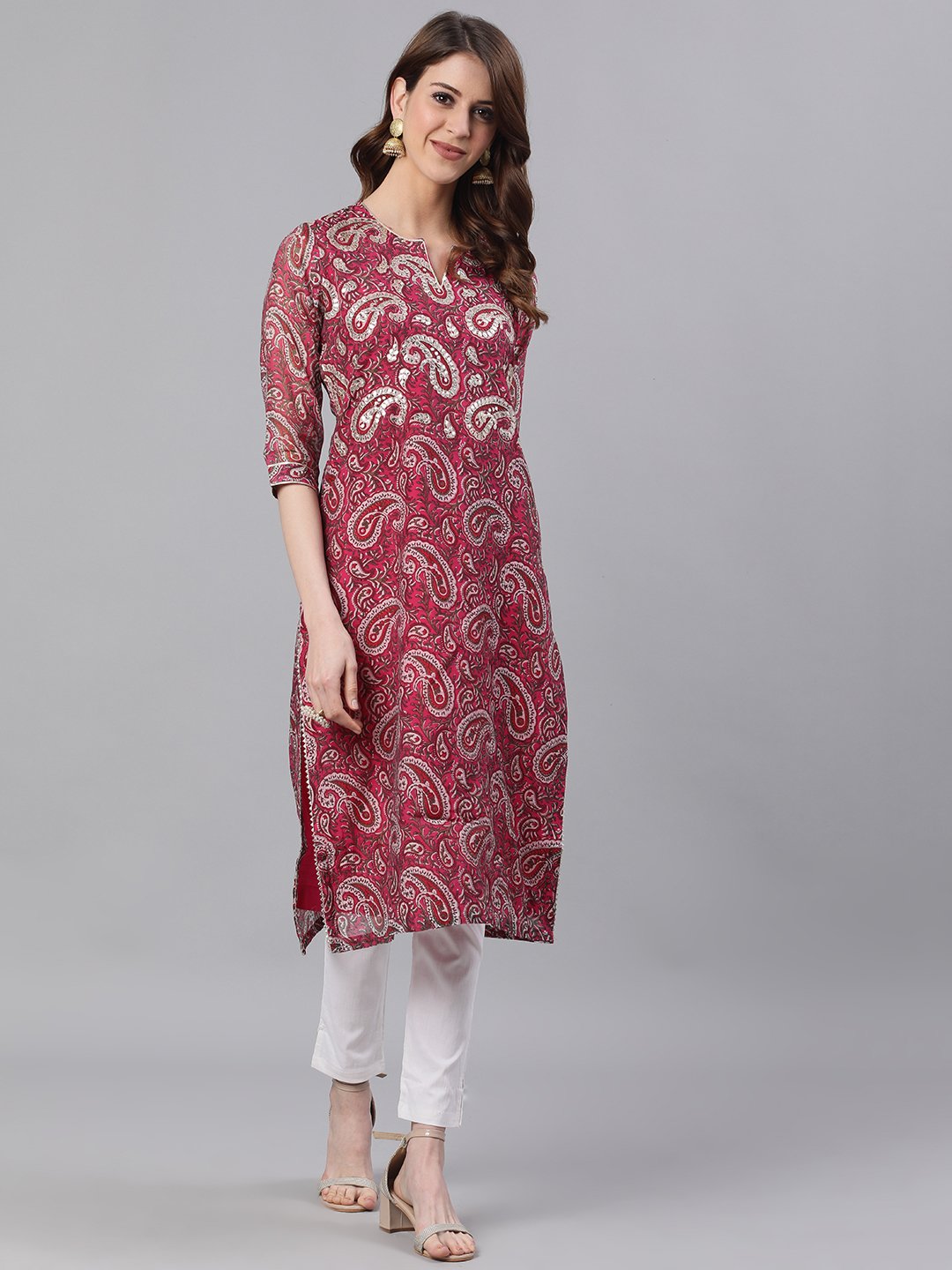 Ishin Women's Chanderi Cotton Pink Gota Patti Embroidered A-Line Kurta