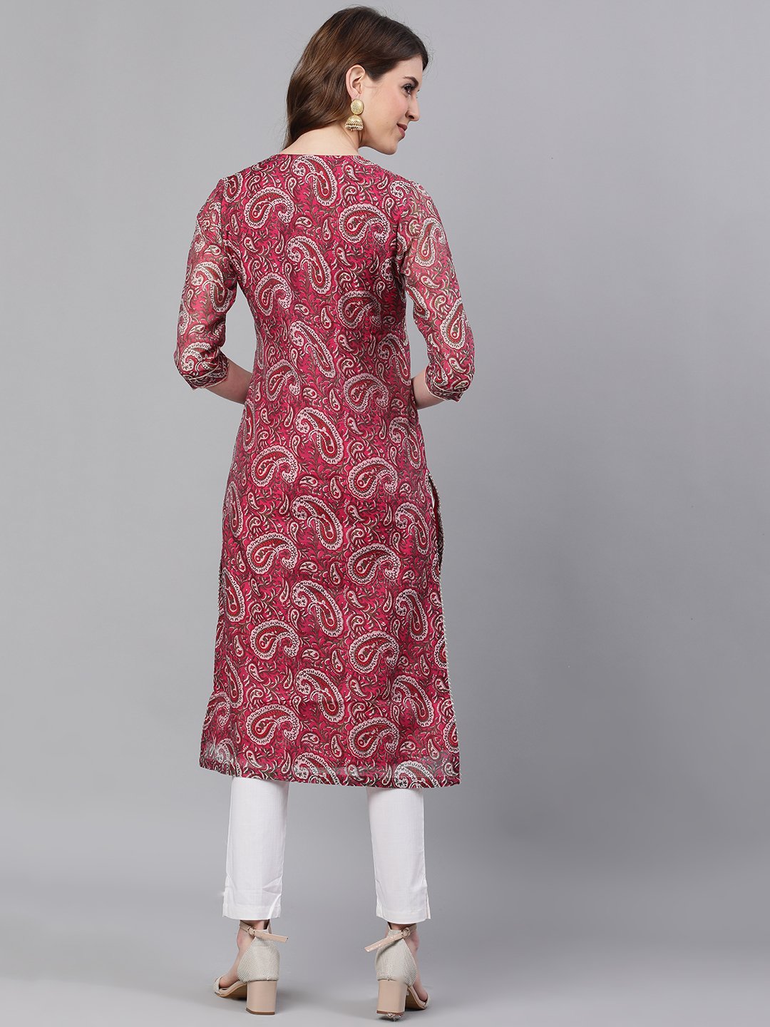 Ishin Women's Chanderi Cotton Pink Gota Patti Embroidered A-Line Kurta