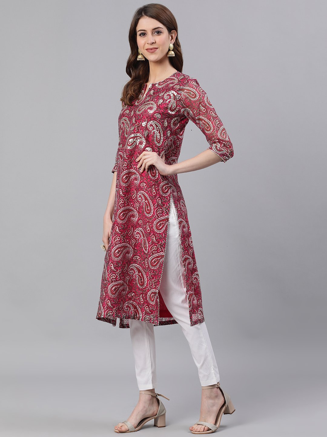 Ishin Women's Chanderi Cotton Pink Gota Patti Embroidered A-Line Kurta