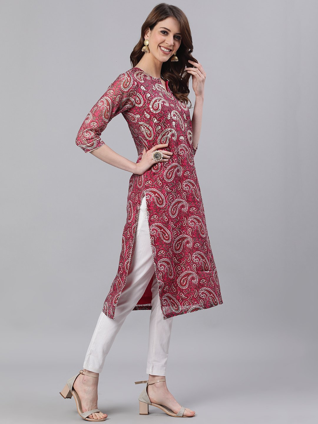 Ishin Women's Chanderi Cotton Pink Gota Patti Embroidered A-Line Kurta