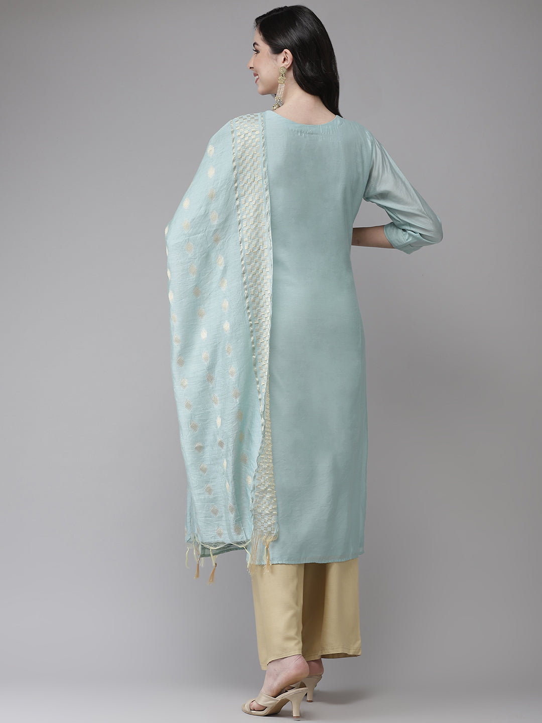 Ishin Women's Cotton Silk Sea Green Embroidered A-Line Kurta With Dupatta