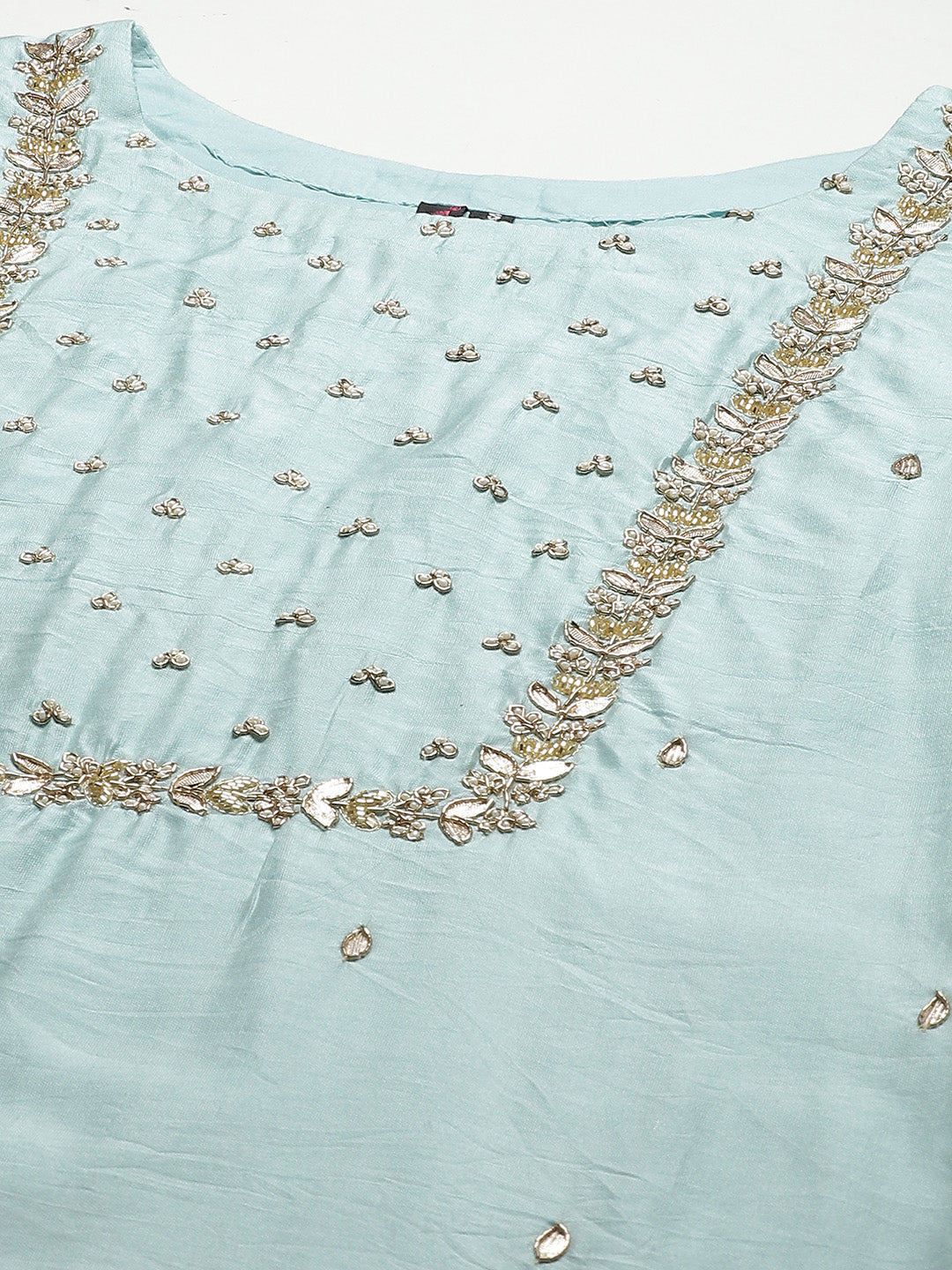 Ishin Women's Cotton Silk Sea Green Embroidered A-Line Kurta With Dupatta