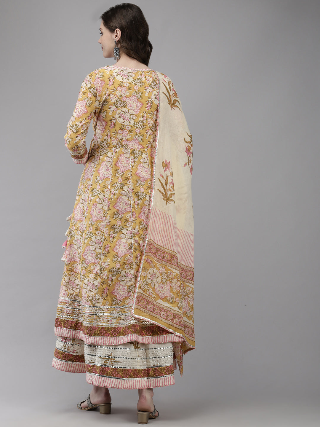 Ishin Women's Yellow & Off White Embroidered Anarkali Kurta & Jacket With Dupatta