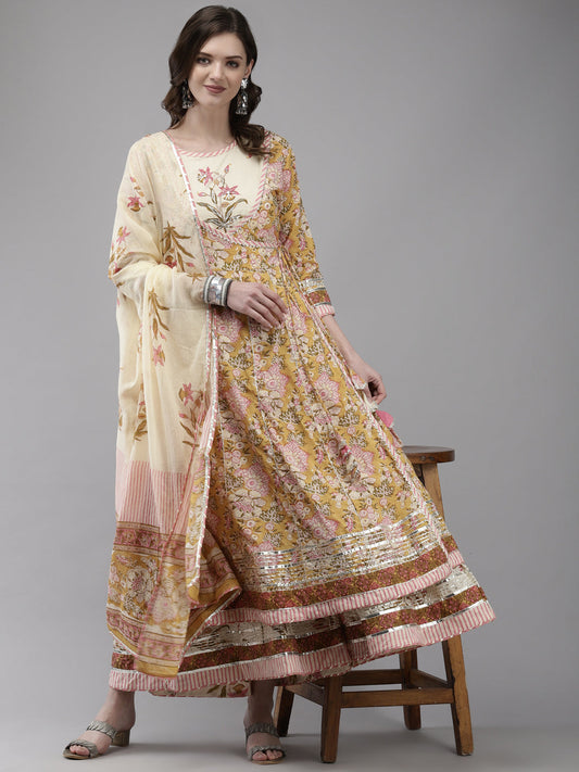 Ishin Women's Yellow & Off White Embroidered Anarkali Kurta & Jacket With Dupatta