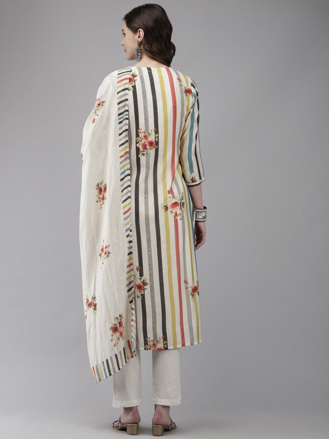 Ishin Women's Silk Blend Off White Embellished A-Line Kurta With Dupatta