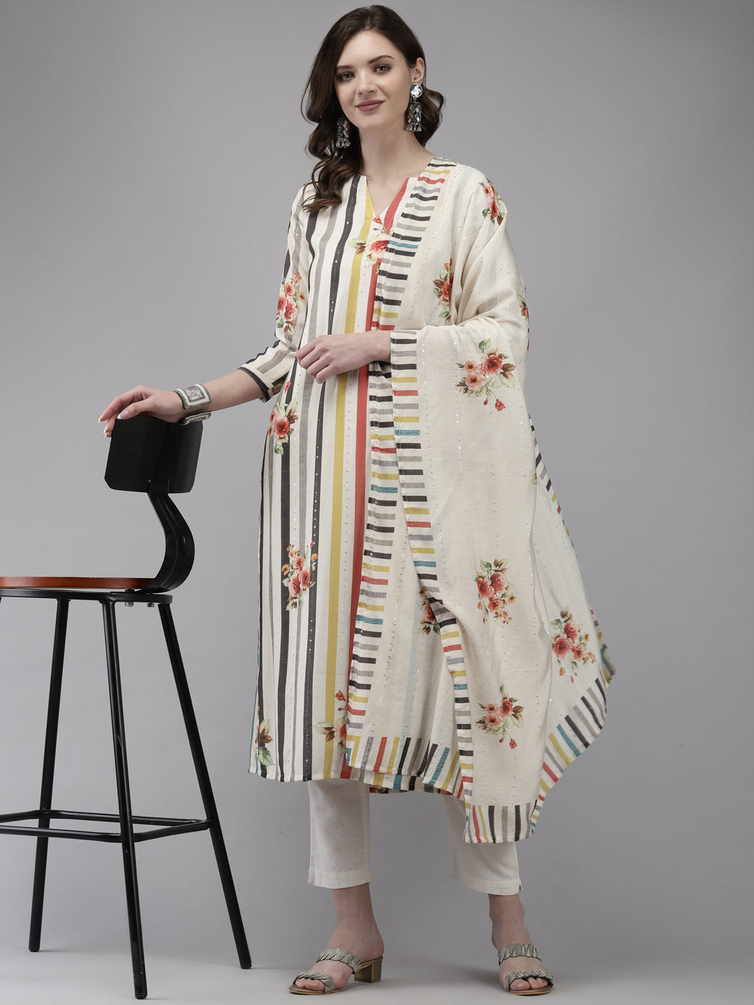 Ishin Women's Silk Blend Off White Embellished A-Line Kurta With Dupatta