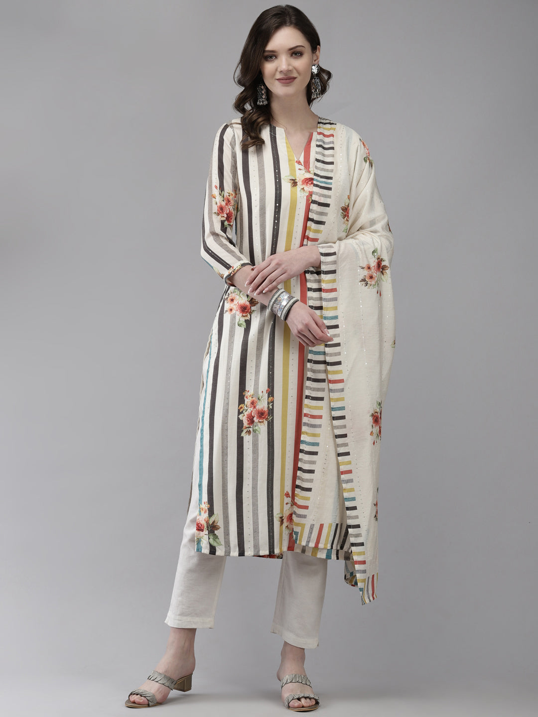Ishin Women's Silk Blend Off White Embellished A-Line Kurta With Dupatta
