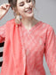Ishin Women's Pink Embroidered A-Line Kurta With Dupatta