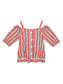 Ishin Girls Rayon White & Red Striped Cold Shoulder Top