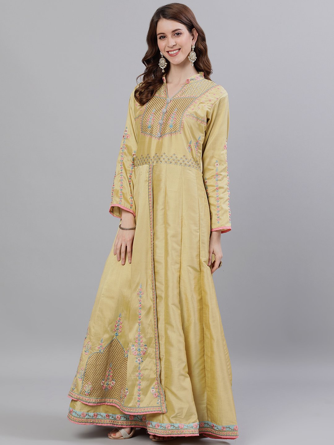 Ishin Women's Silk Gold Embroidered Anarkali Kurta With Dupatta