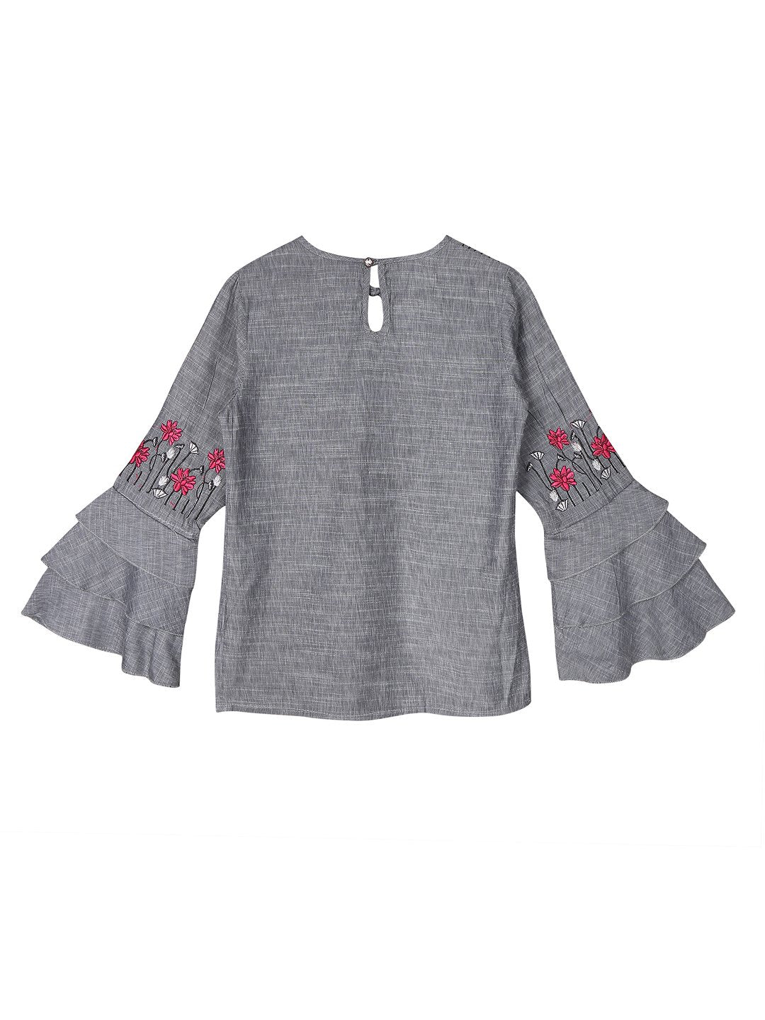 Ishin Girls Cotton Polyester Grey Embroidered Top
