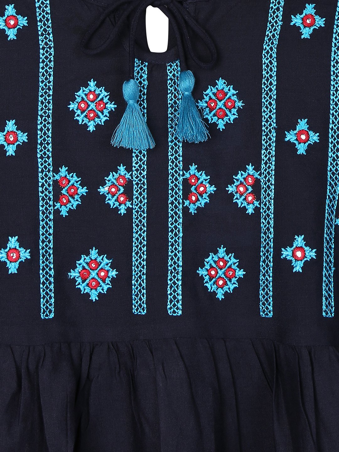 Ishin Girls Viscose Rayon Navy Blue Embroidered Top