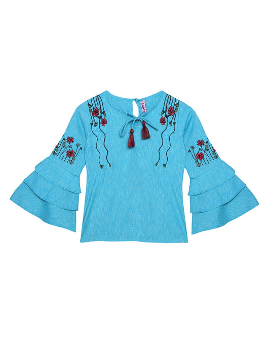 Ishin Girls Polyester Blue Embroidered Top