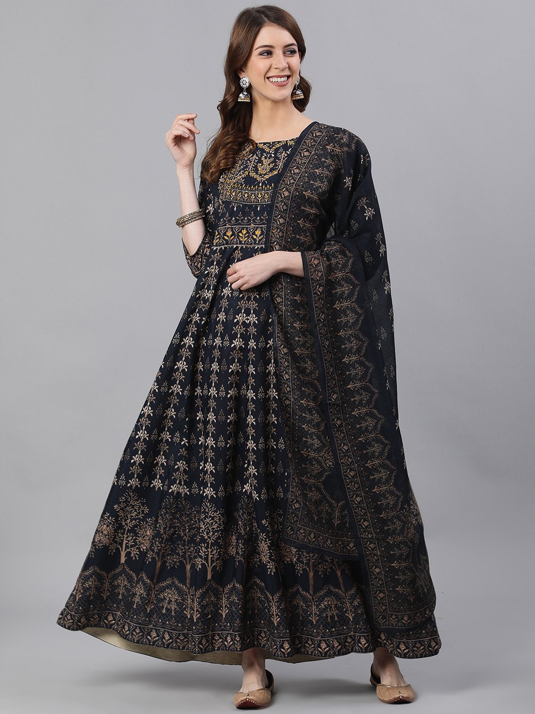 Ishin Women's Silk Navy Blue Embroidered Anarkali Kurta With Dupatta