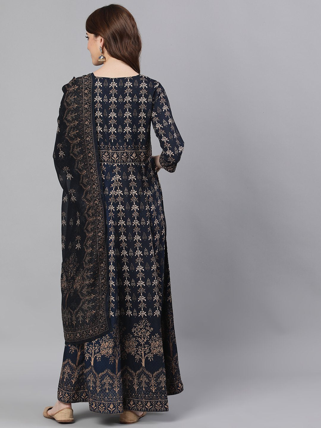 Ishin Women's Silk Navy Blue Embroidered Anarkali Kurta With Dupatta