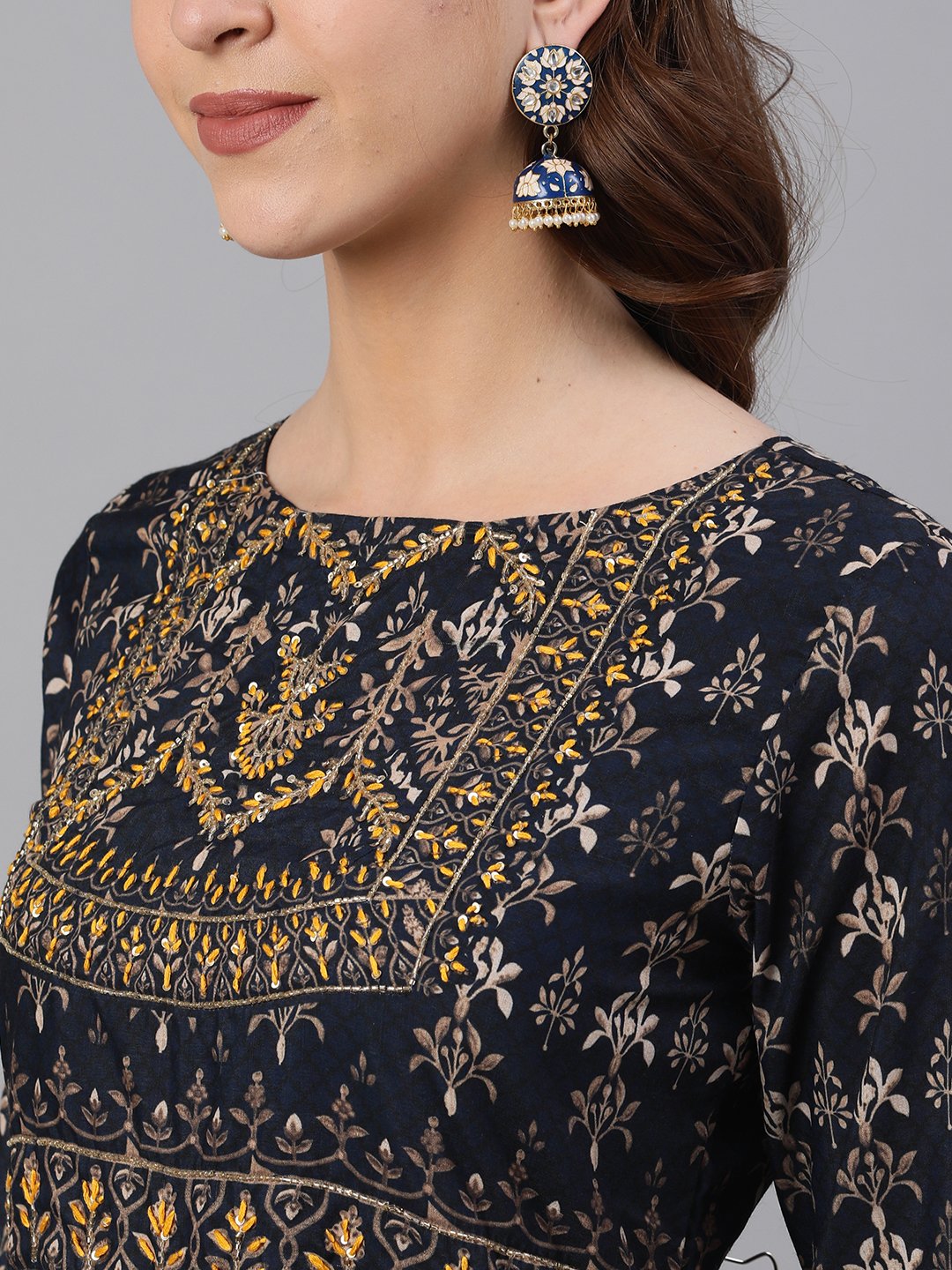 Ishin Women's Silk Navy Blue Embroidered Anarkali Kurta With Dupatta