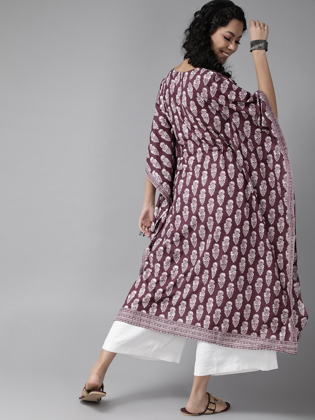 Ishin Women's Cotton Burgundy Embellished Kaftan Kurta