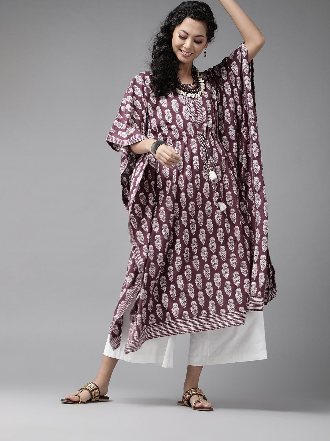 Ishin Women's Cotton Burgundy Embellished Kaftan Kurta