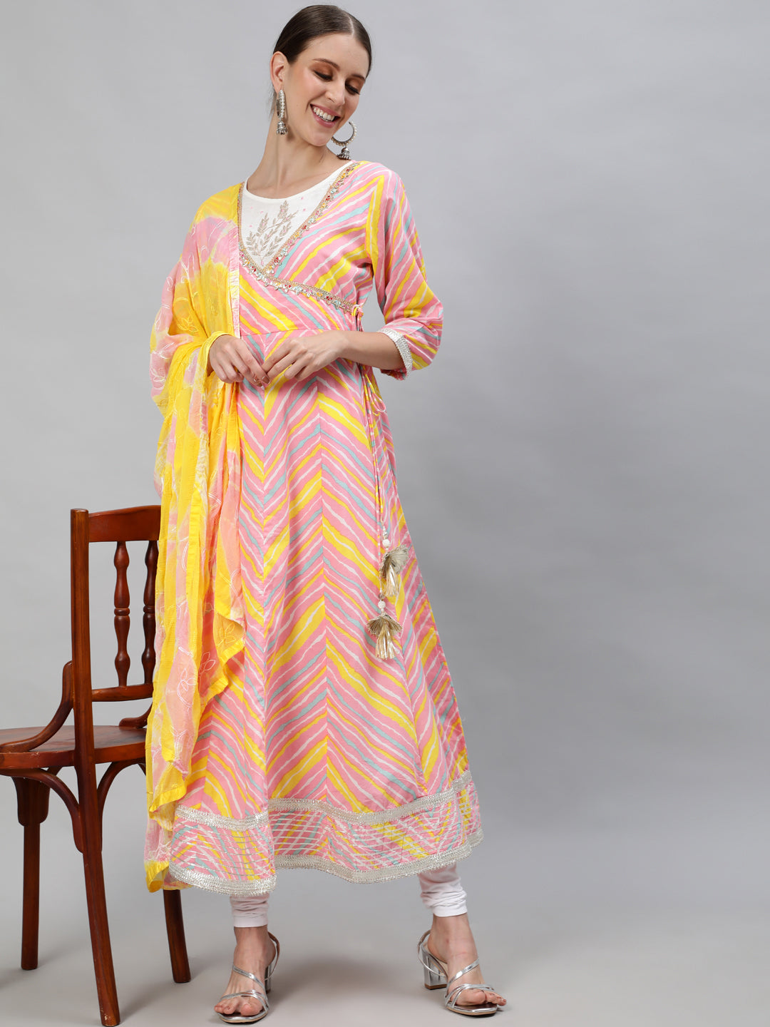 Ishin Women's Pink Embroidered Anarkali Chevron Kurta With Dupatta 