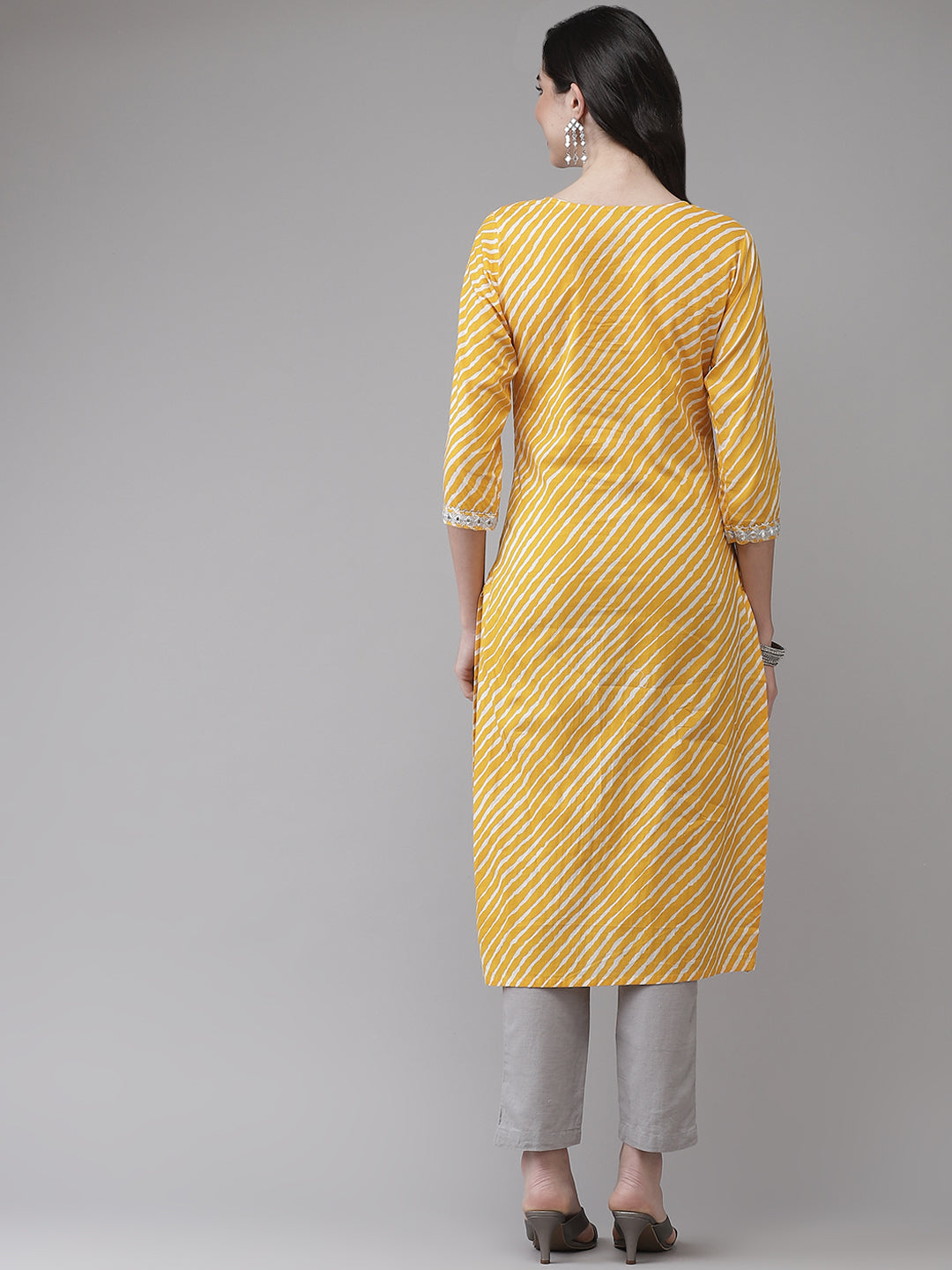Ishin Women's Cotton Mustard Yellow Embroidered A-Line Leheriya Kurta