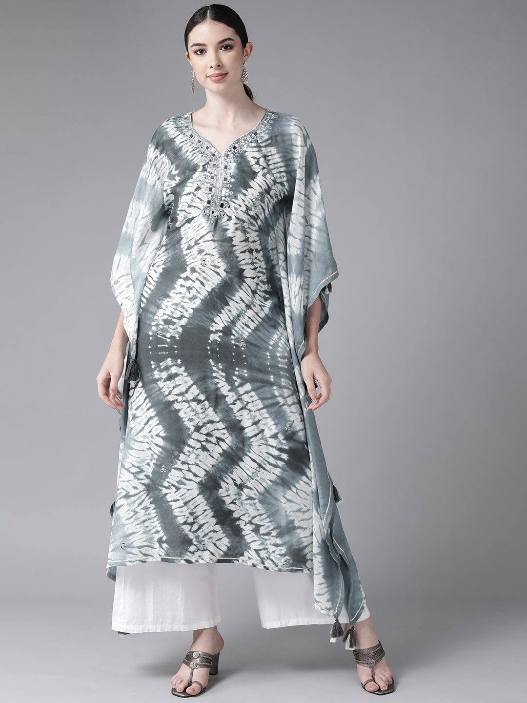 Ishin Women's Silk Blend Grey Embroidered Tie & Dye Kaftan Kurta 
