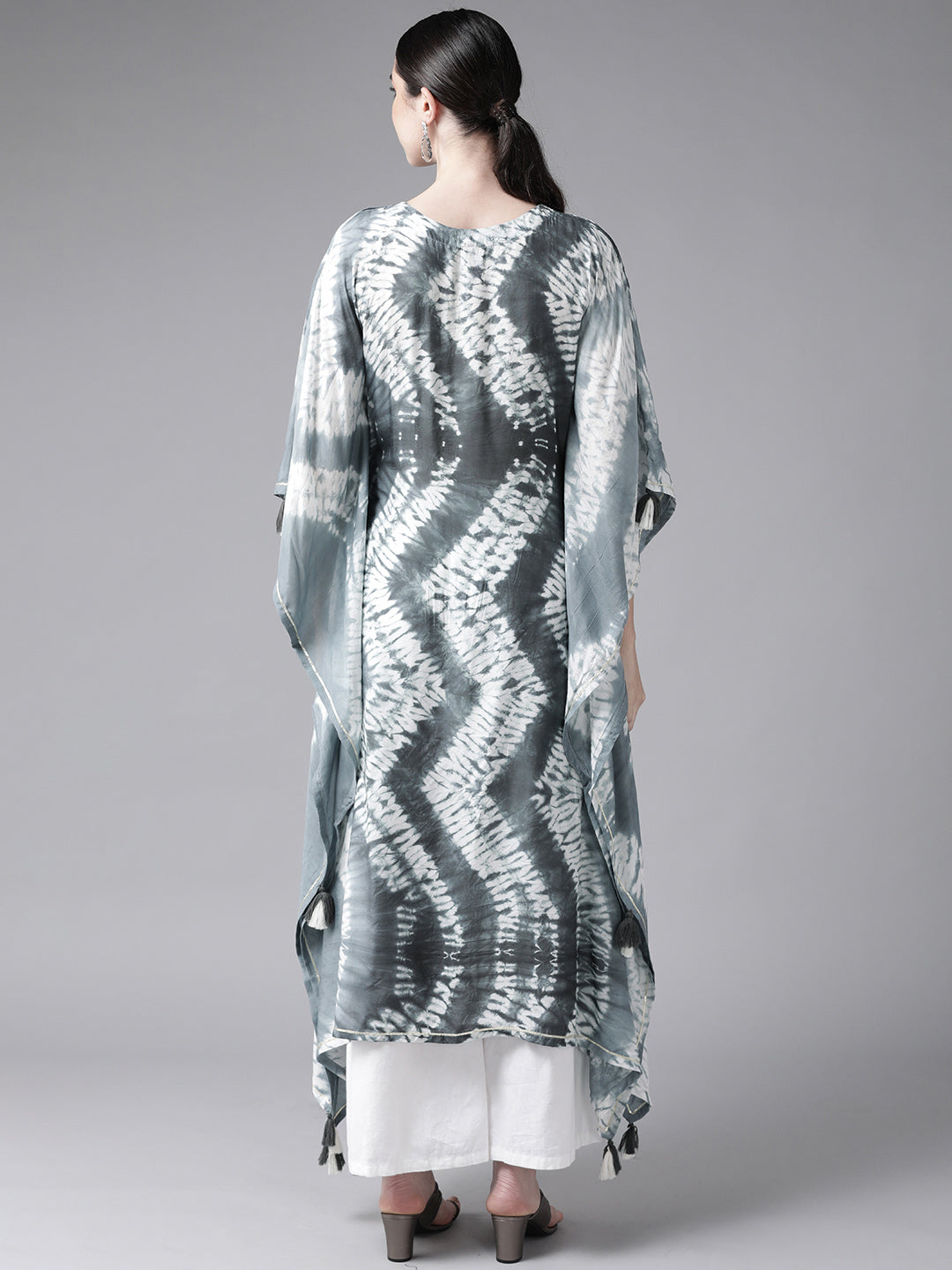 Ishin Women's Silk Blend Grey Embroidered Tie & Dye Kaftan Kurta 