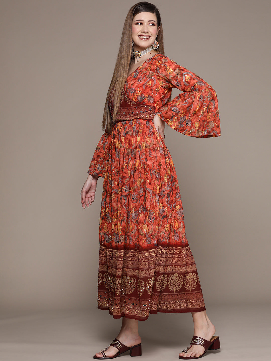 Ishin Women's Multicolor Embellished Pleated Dress
